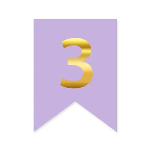 Цифра 3 на флажке 6*12 см для индивидуальных надписей Сирень и золото
