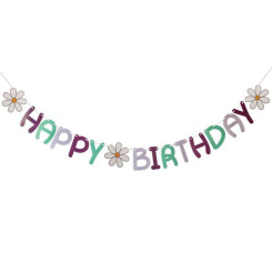Надпись картонная 14х10 см Happy birthday Ромашки Фиолетовый и мята 2 м