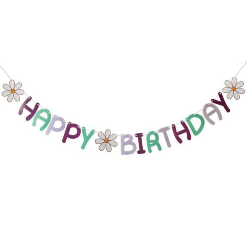 Надпись картонная 14х10 см Happy birthday Ромашки Фиолетовый и мята 2 м