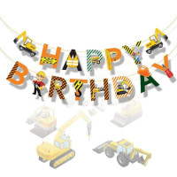 Надпись картонная Happy Birthday Строительная техника Оранжевый