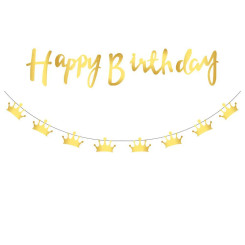 Надпись картонная Happy Birthday прописью с коронами Золото 1,5 метра