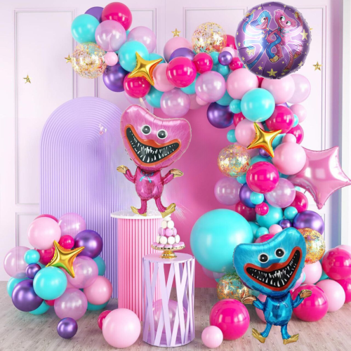 Набор 100 шаров для арки фотозоны Poppy Playtime Хаги Ваги Киси Миси Фуксия и бирюза