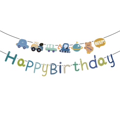Надпись картонная 20х20 см Happy Birthday Ретро транспорт Разноцветный
