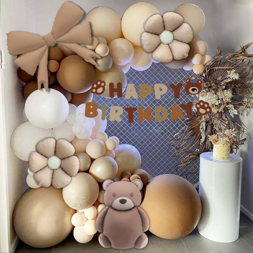 Набір 95 куль для арки фотозони Плюшеве свято з написом та гігантами Шоколад і білий
