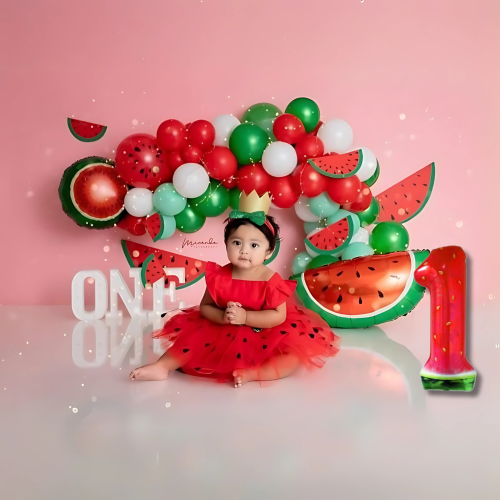 Набор 60 шаров для арки фотозоны с цифрой и гирляндой Арбузный вкус Красный и зеленый