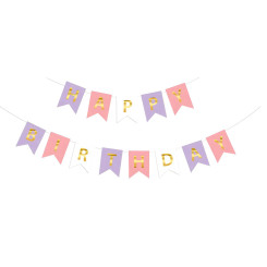 Надпись картонная на флажках 20х16 см Happy birthday Сирень и розовый 3 метра