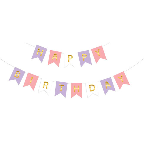 Надпись картонная на флажках 20х16 см Happy birthday Сирень и розовый 3 метра