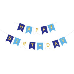 Надпись картонная на флажках 20х16 см Happy birthday Синий и голубой 3 метра