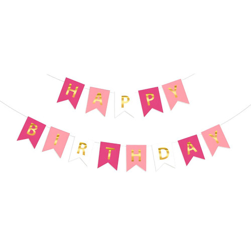 Надпись картонная на флажках 20х16 см Happy birthday Розовый и фуксия 3 метра