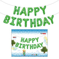Шар фольгированный надпись надувная 40 см Happy Birthday Майнкрафт Пиксели Зеленый