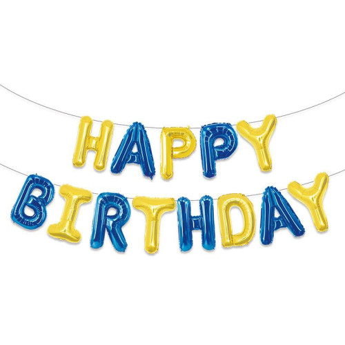 Шар фольгированный надпись надувная 40 см Happy Birthday Патриотическая Синий и желтый