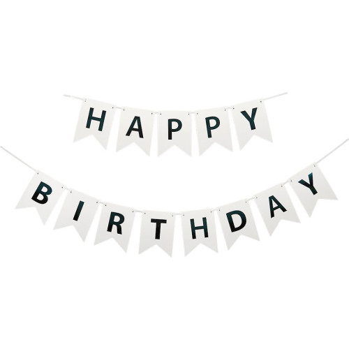 Надпись картонная на флажках 16 см Happy Birthday Белый с черным Надпись картонная на флажках 16 см Happy Birthday Белый с черным