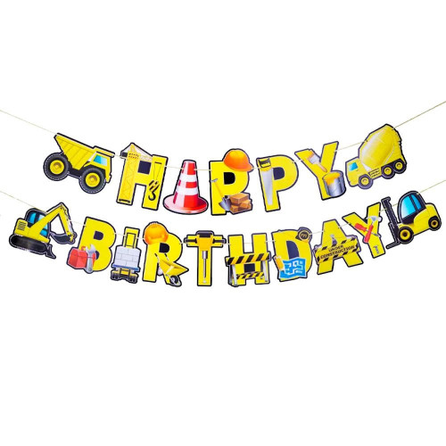 Надпись картонная Happy Birthday Строительный транспорт Желтый