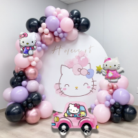 Набор 90 шаров для арки фотозоны Hello Kitty Сладкая вечеринка Китти с фольгированной машинкой на колесах Китти Розовый и сирень