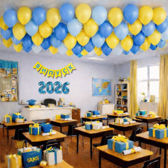 Набор 70 шариков под потолок на Выпуск Новый путь с цифрами и флажками Голубой и жёлтый