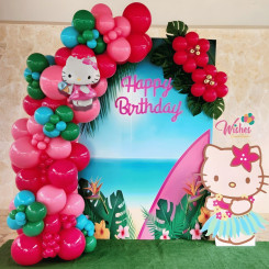 Набор 115 шариков для арки фотозоны Хеллоу Китти Солнечные Гавайи с листьями Красный и розовый