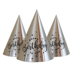 Колпаки праздничные с тиснением фольгой 16 см Happy Birthday Прописью Серебро 5 шт