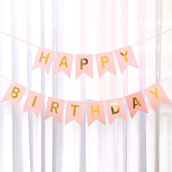 Надпись картонная на флажках 20 см Happy Birthday Светло розовый 3 метра
