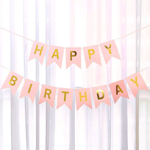 Надпись картонная на флажках 20 см Happy Birthday Светло розовый 3 метра