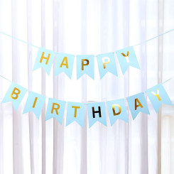 Надпись картонная на флажках 20 см Happy Birthday Голубой 3 метра