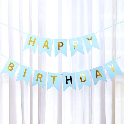 Надпись картонная на флажках 20 см Happy Birthday Голубой 3 метра