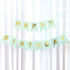 Надпись картонная на флажках 20 см Happy Birthday Мята 3 метра