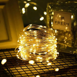 Гирлянда  50 LED ниточная 5 метров Капля росы Теплый свет Батарейки