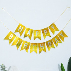 Надпись картонная на флажках 17х12 см Happy birthday Голограмма золото