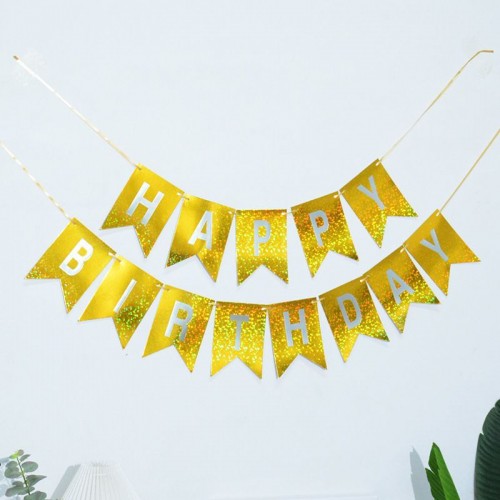 Надпись картонная на флажках 17х12 см Happy birthday Голограмма золото
