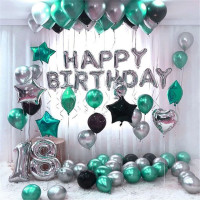 Набор 55 шаров для фотозоны Happy Birthday с цифрами Бирюза с серебром