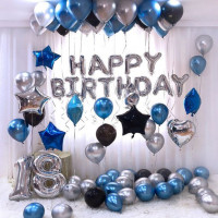 Набор 65 шаров для фотозоны Happy Birthday с цифрами Серебро с голубым