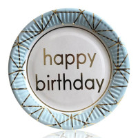 Тарелки праздничные бумажные одноразовые  Happy Birthday18 см 5 шт С тиснением фольгой Голубой