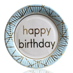 Тарелки праздничные бумажные одноразовые Happy Birthday18 см 5 шт С тиснением фольгой Голубой