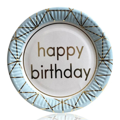 Тарелки праздничные бумажные одноразовые  Happy Birthday18 см 5 шт С тиснением фольгой Голубой