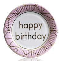 Тарелки праздничные бумажные одноразовые Happy Birthday18 см 5 шт С тиснением фольгой Розовый