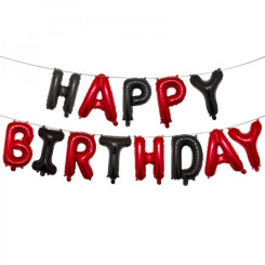 Шар фольгированный надпись надувная 40 см Happy Birthday Красно черный