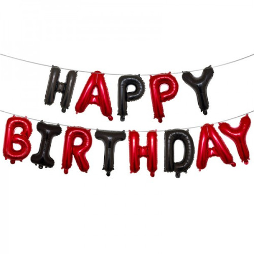 Шар фольгированный надпись надувная 40 см Happy Birthday Красно черный