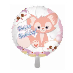 Шар фольгированный круглый 18" 45 см с рисунком Милые зверята Лисенок Happy Birthday Белый
