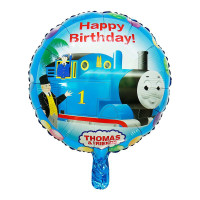 Шар фольгированный круглый 18" 45 см Паровозик Томас Happy Bithday Голубой