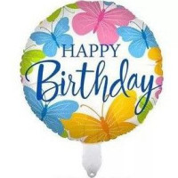 Шар фольгированный круглый 18" 45 см Бабочки Happy Bithday Белый и голубой
