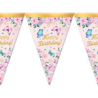 Бумажные флажки вымпелы 24 см Happy birthday с бабочками 2 метра Розовый