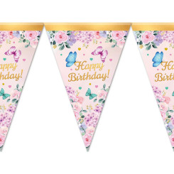 Бумажные флажки вымпелы 24 см Happy birthday с бабочками 2 метра Розовый