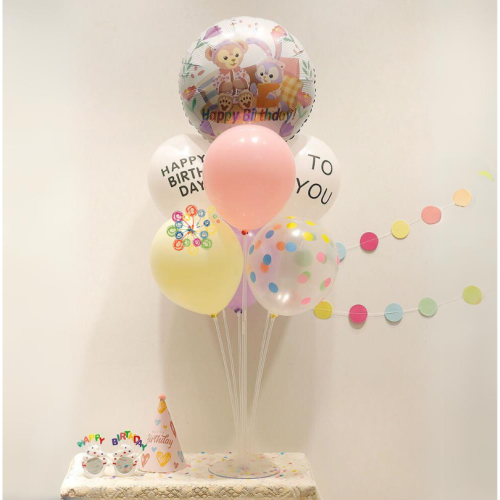 Набор 7 шаров со стойкой Зайчик и мишка Happy birthday Белый и сирень